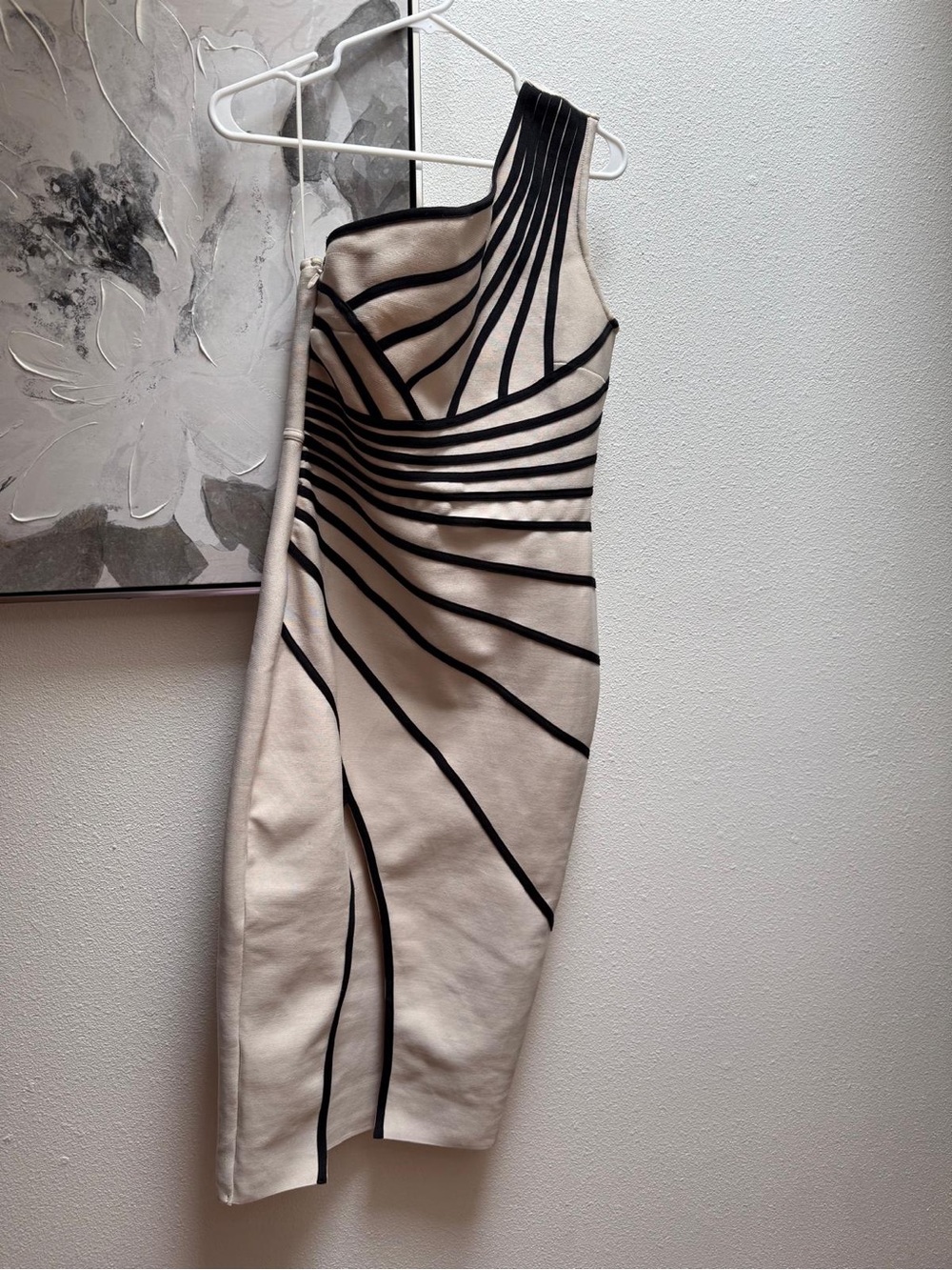 Fashion Nova One-Shoulder Cream Dress with Black Stripes
